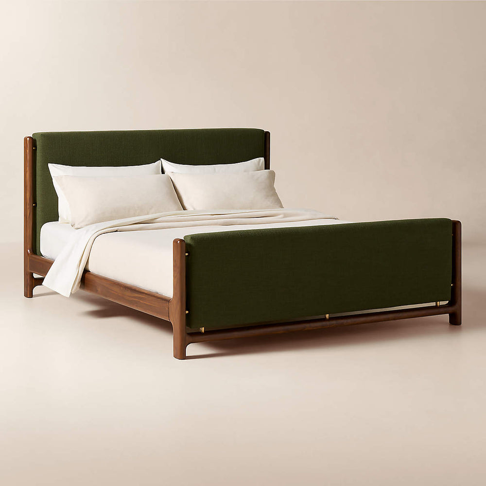 Designer solid wood bed with cushioned headboard