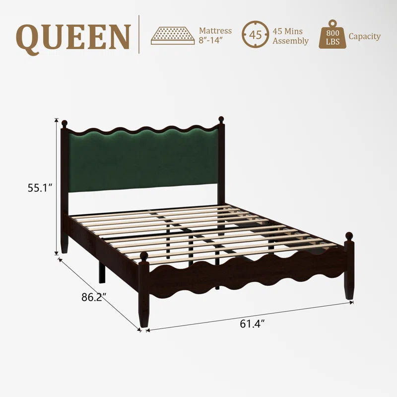 High-quality wooden bed frame with velvet headboard