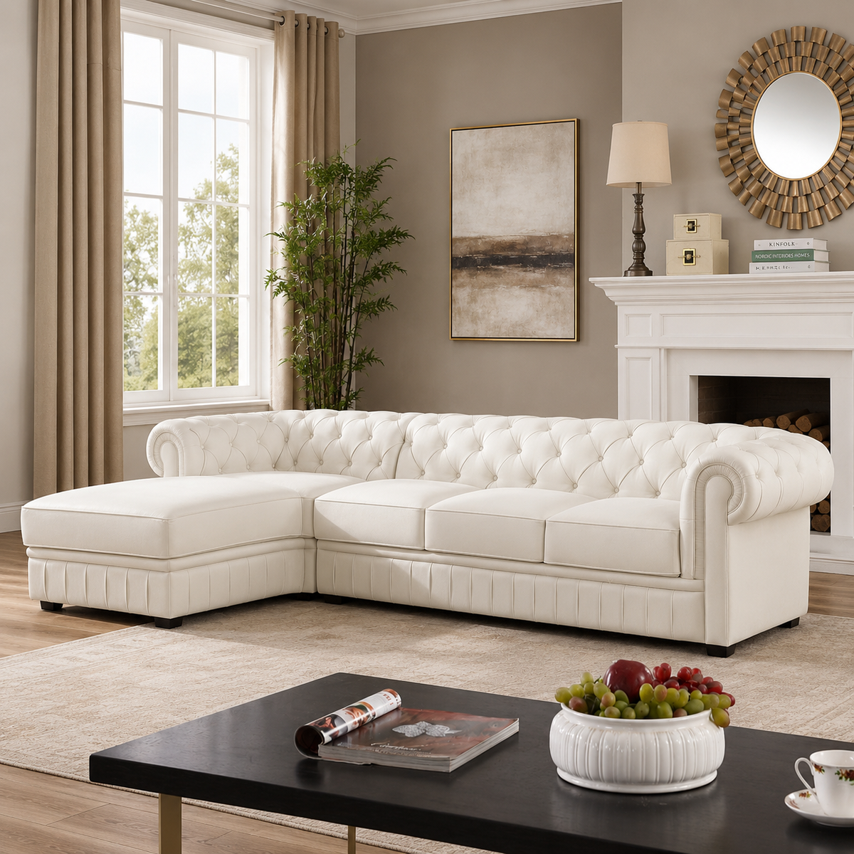 Luxury White Chesterfield L Shape Sofa with Solid Teak Wood Frame