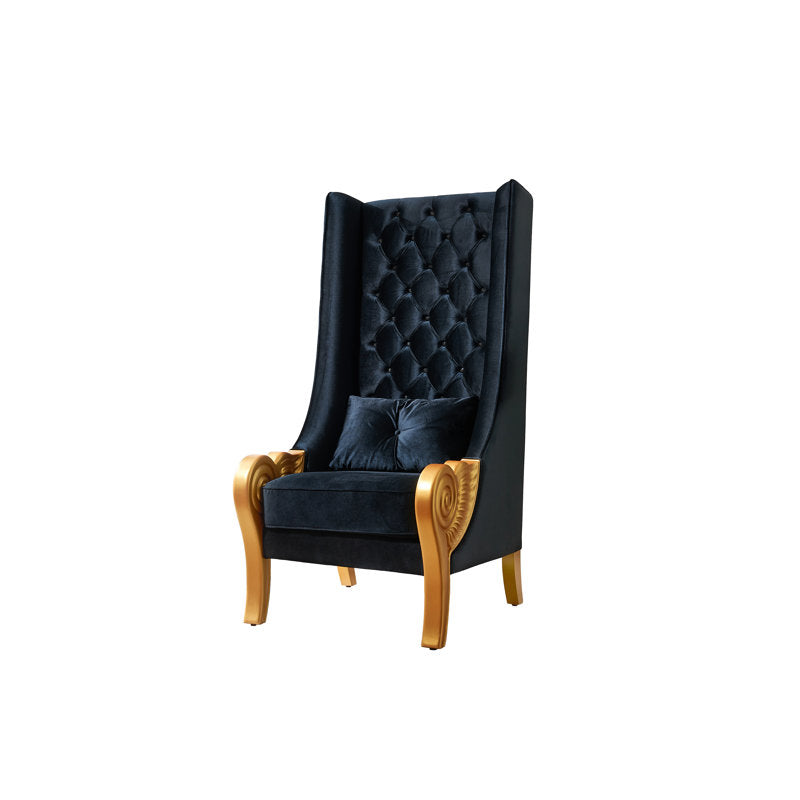 Royal accent chair in black velvet with carved teak wood armrests