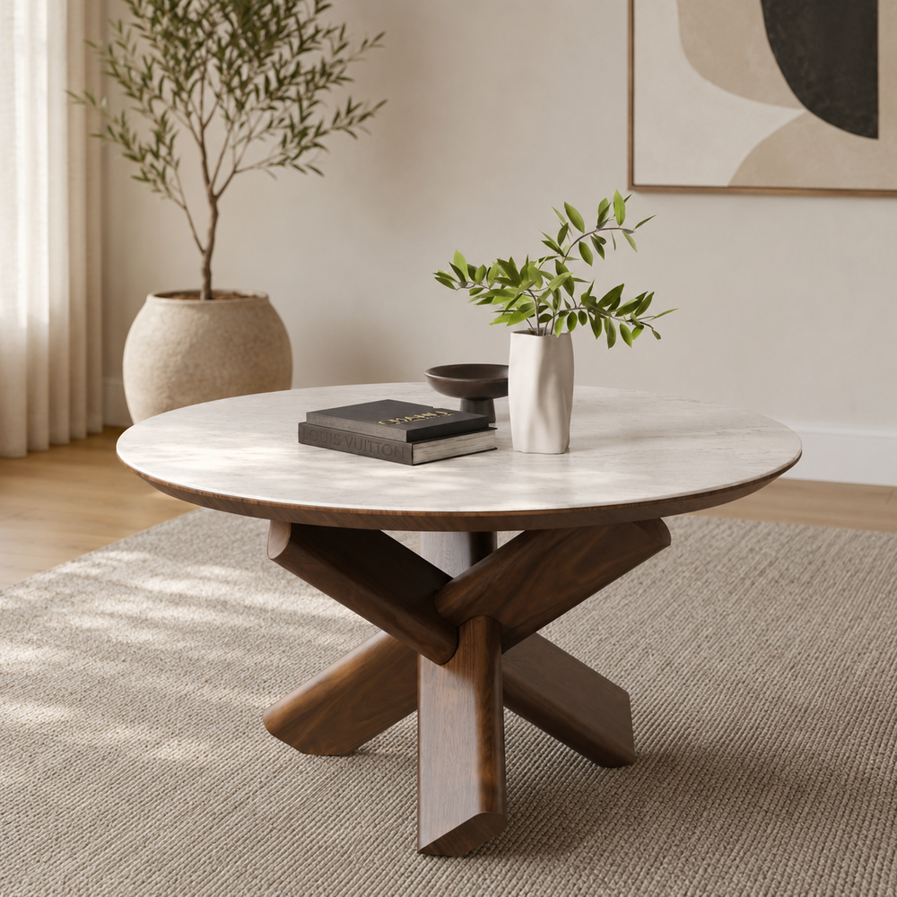 Modern round teak wood coffee table with marble top
