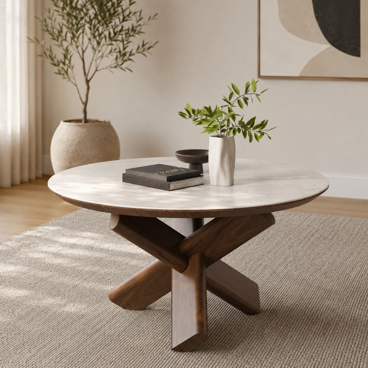 Modern round teak wood coffee table with marble top
