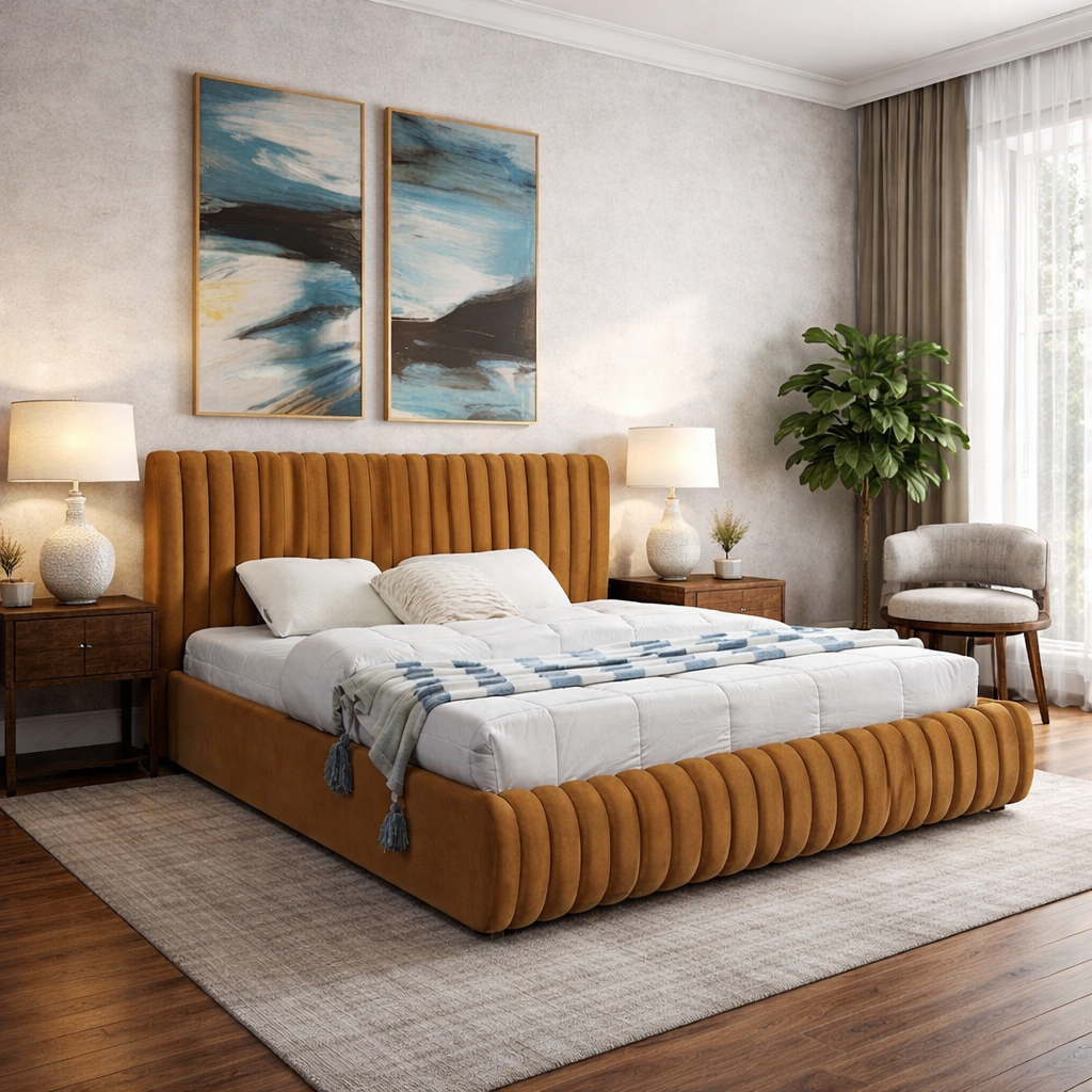 Modern upholstered ribbed bed in tan color