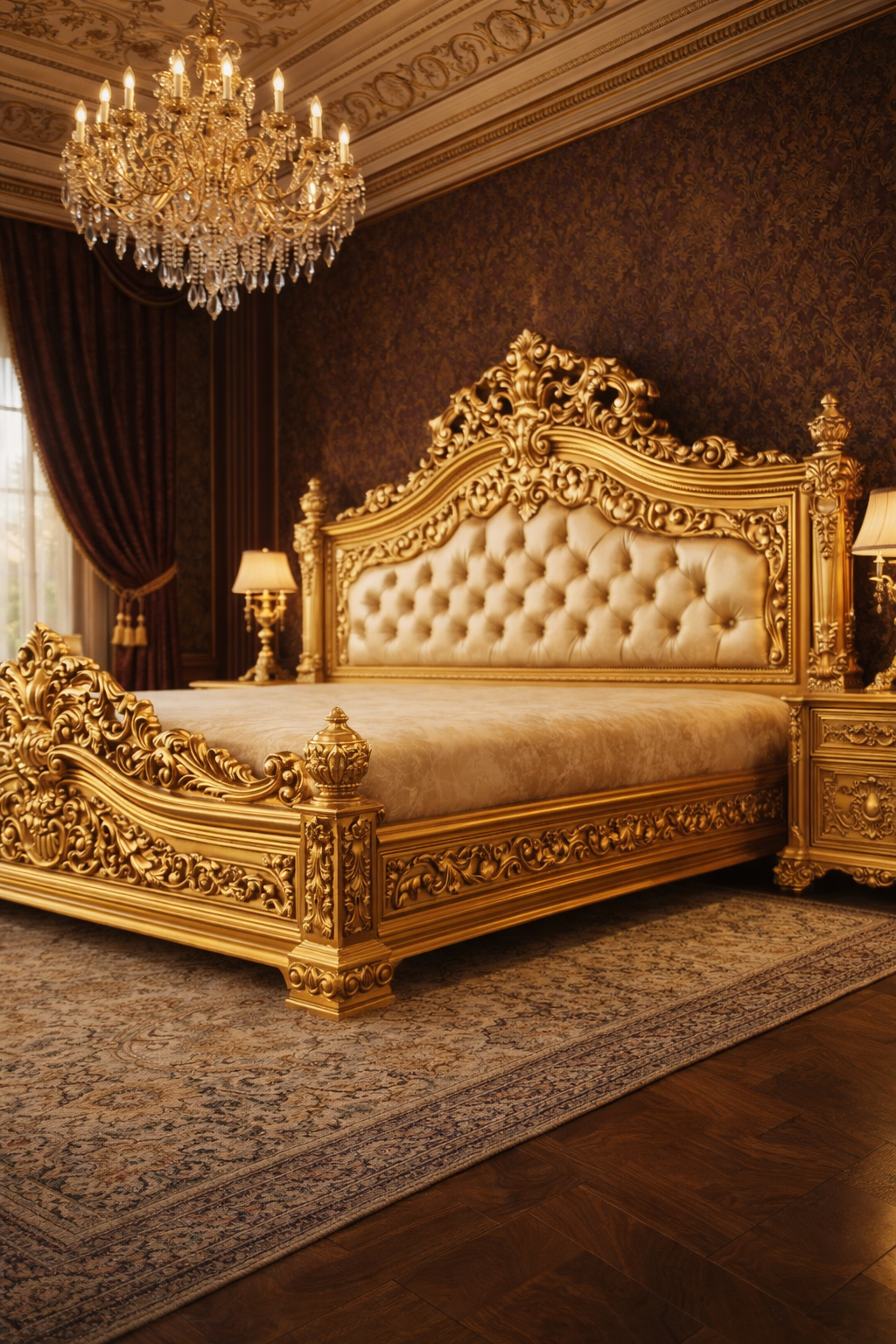 Heavy carved gold wooden bedroom set
