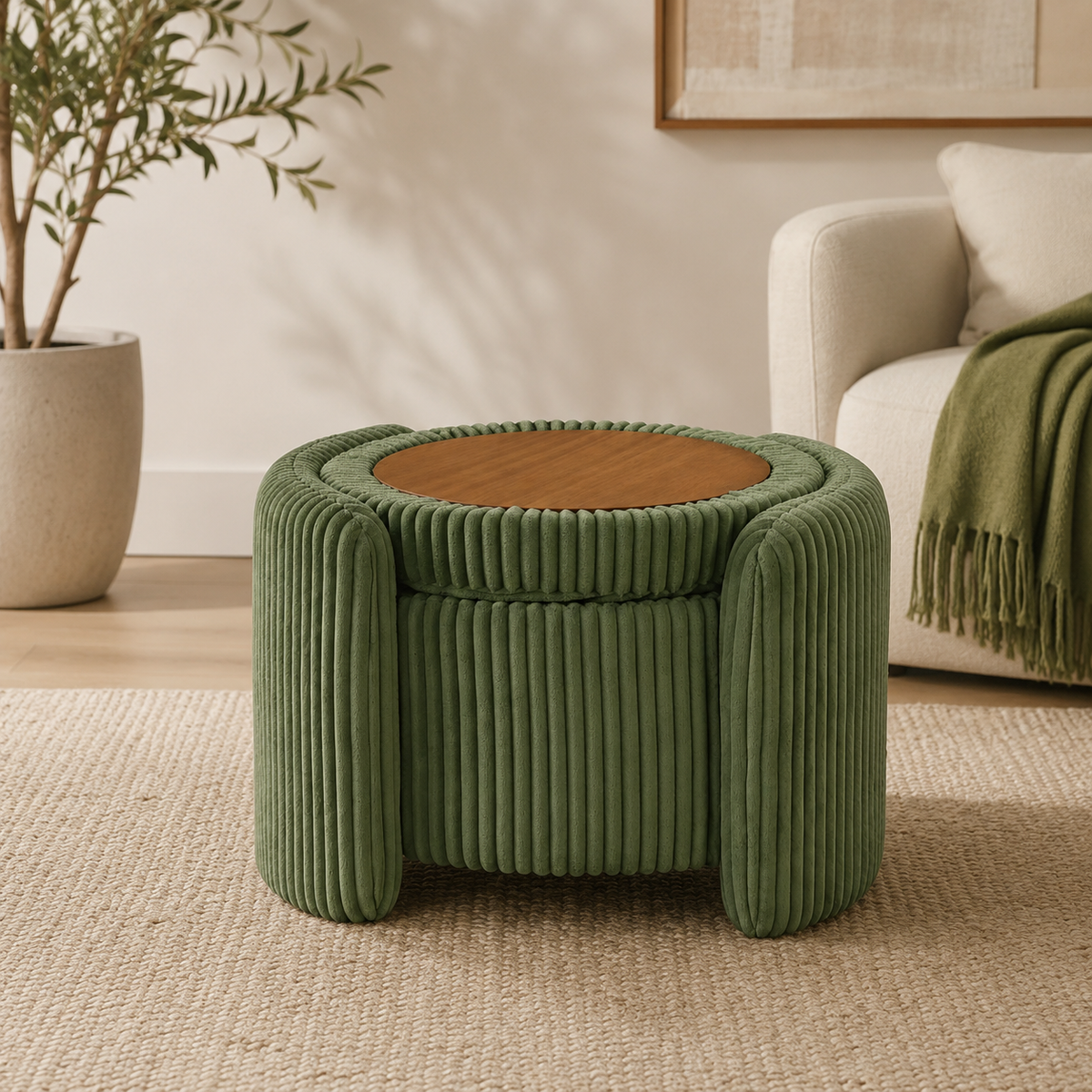 Sage green upholstered teak wood storage ottoman coffee table