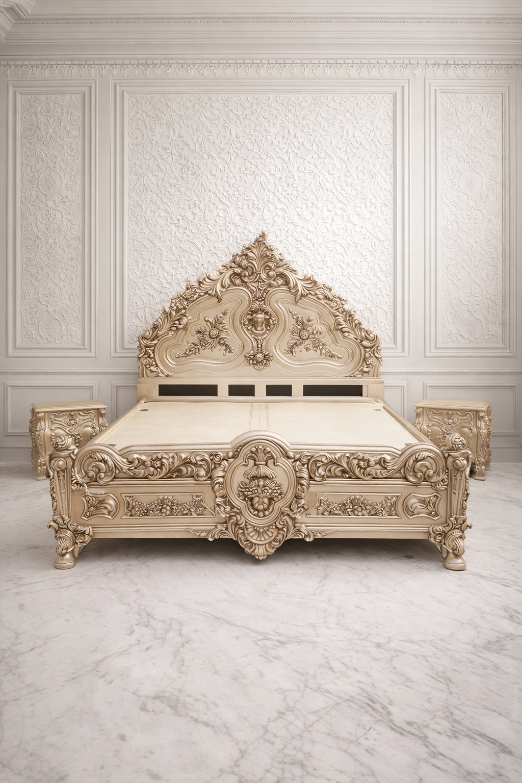 Handcrafted luxury carved wooden bed in cream gold finish
