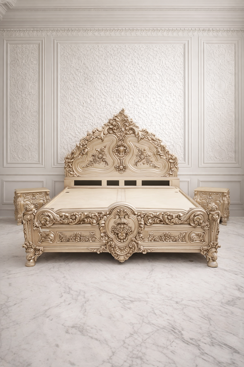 Handcrafted luxury carved wooden bed in cream gold finish
