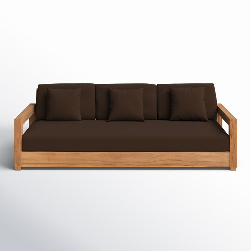 Modern wooden sofa with beige cushions
