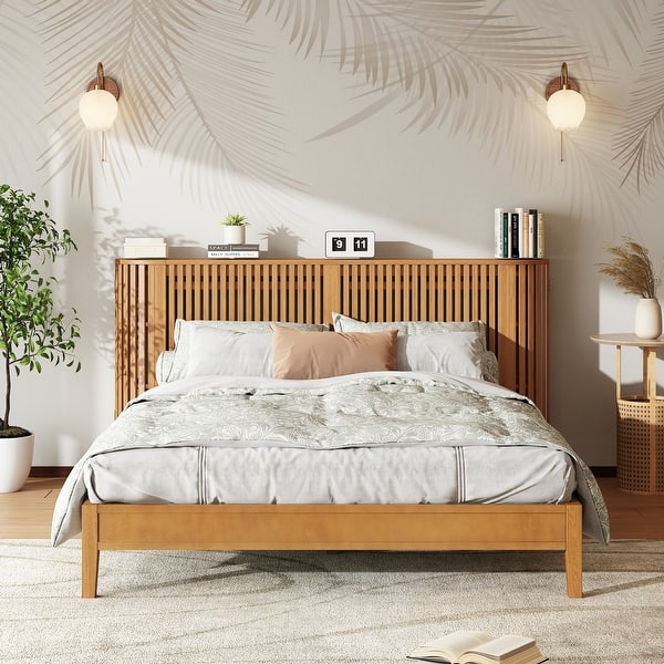 Modern wooden bed frame with bookshelf headboard