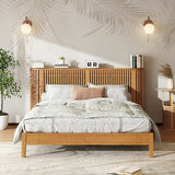 Modern wooden bed frame with bookshelf headboard