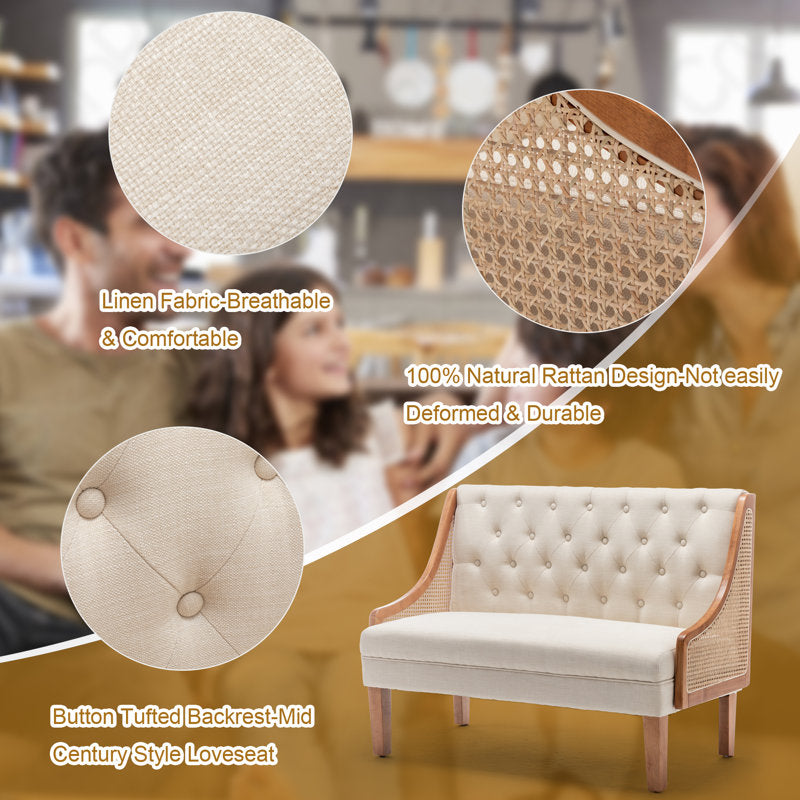 Elegant teak wood upholstered sofa with natural rattan sides