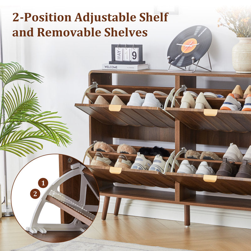 Modern scalloped door shoe cabinet made from teak wood