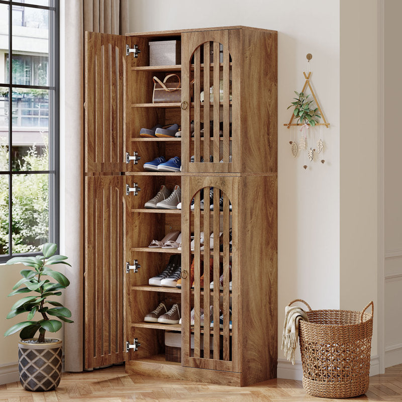 Modern rustic teak wood shelving cabinet with arched doors