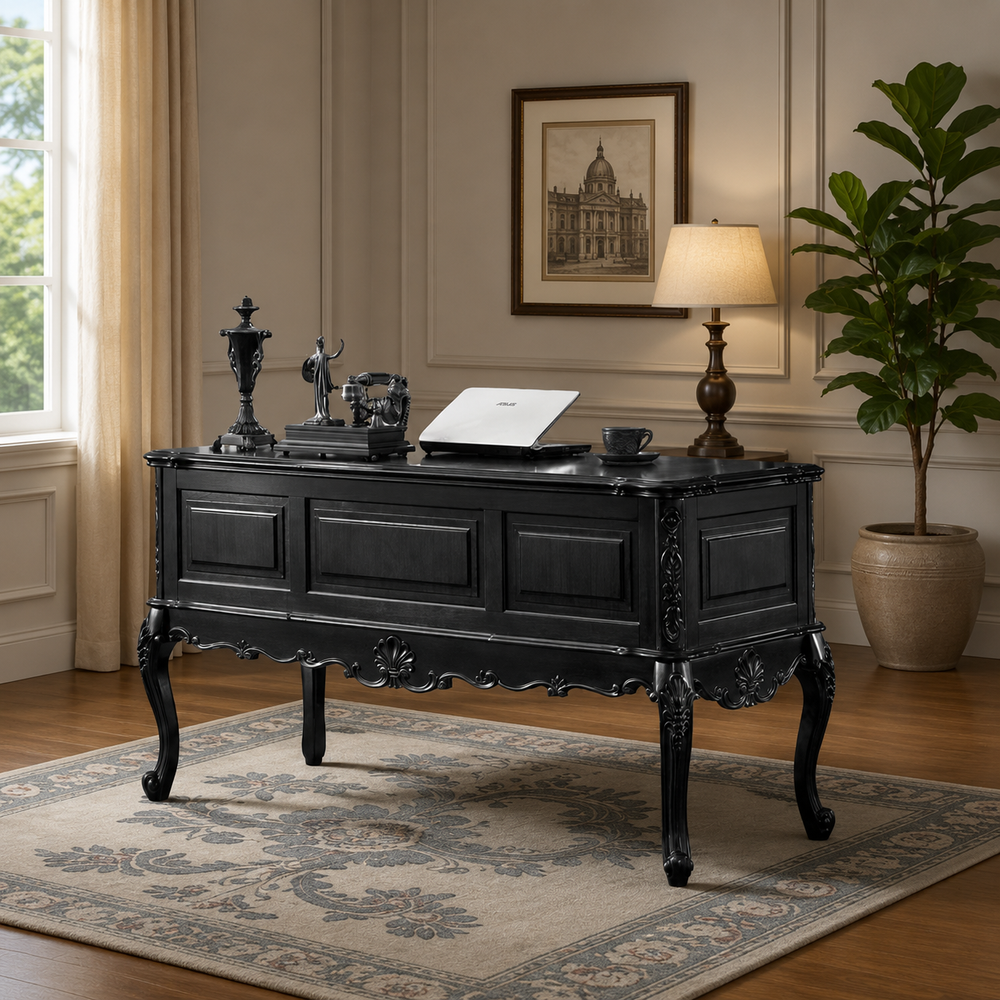 Vintage black teak wood executive office desk