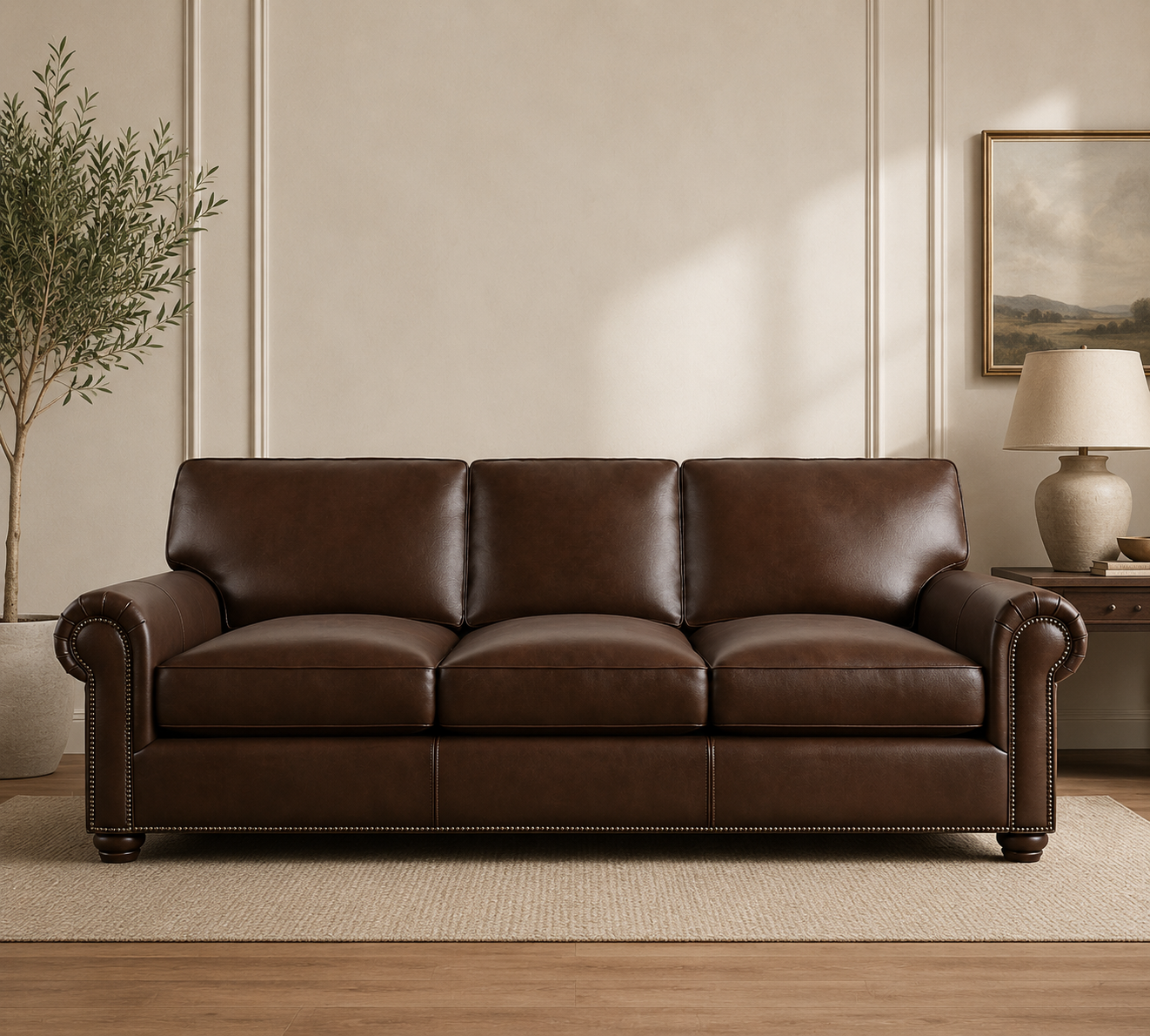 Premium teak wood 3 seater brown leather sofa for living room
