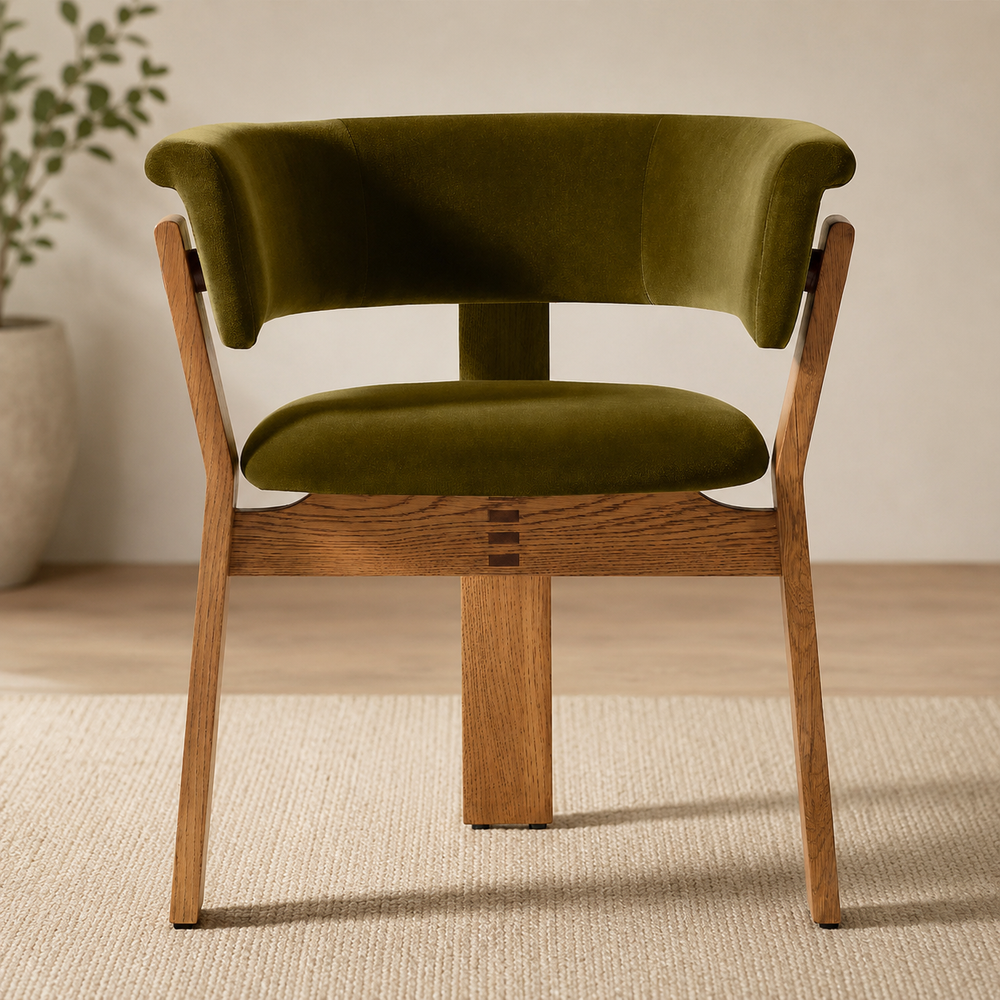 Premium teak wood upholstered accent chair with curved backrest