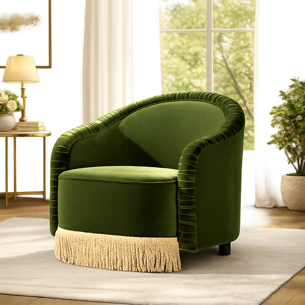 Luxury olive green velvet accent chair with solid teak wood frame
