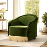 Luxury olive green velvet accent chair with solid teak wood frame