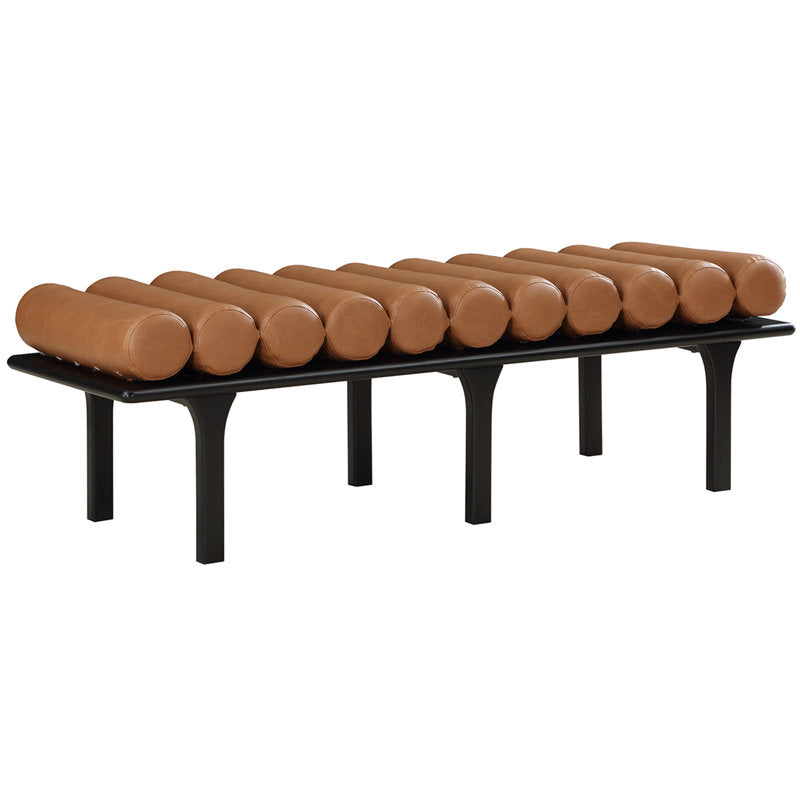 Designer brown upholstered teak wood bench