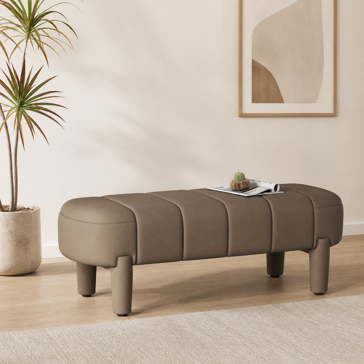 Modern teak wood upholstered bench for living room