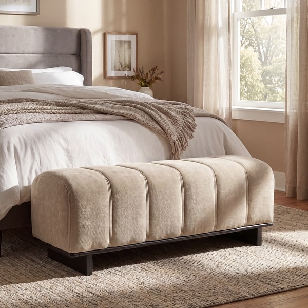 Luxury teak wood upholstered bedroom bench with modern channel tufted design