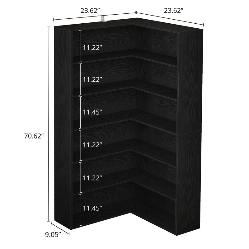 Modern black corner bookshelf with six open shelves