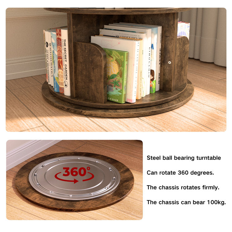 Vertical teak wood bookcase with swivel base and open design