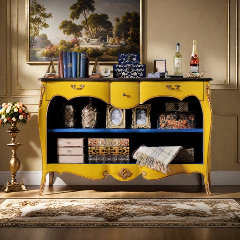 French style teak wood console cabinet with decorative storage shelf