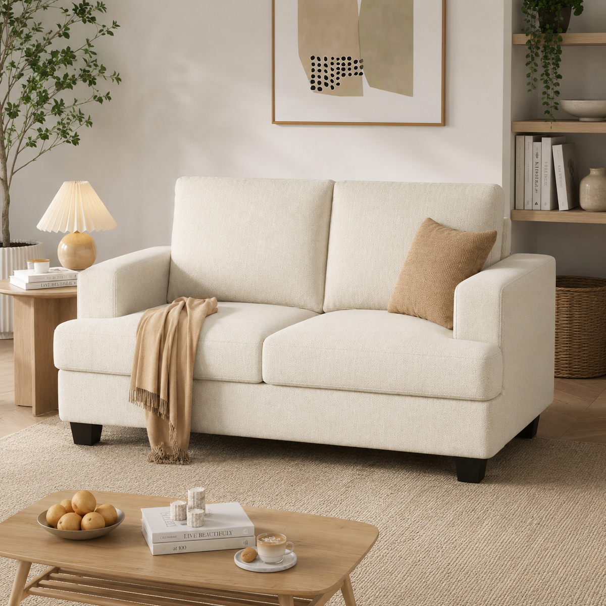 Modern teak wood 2 seater fabric sofa