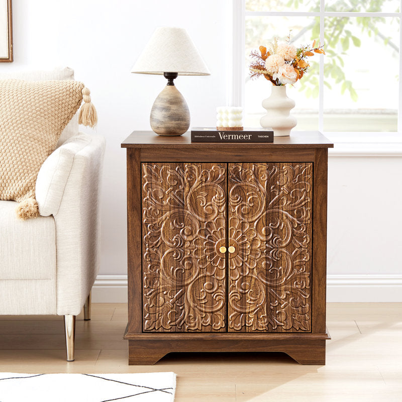 Luxury wooden bedside table with handcrafted floral design