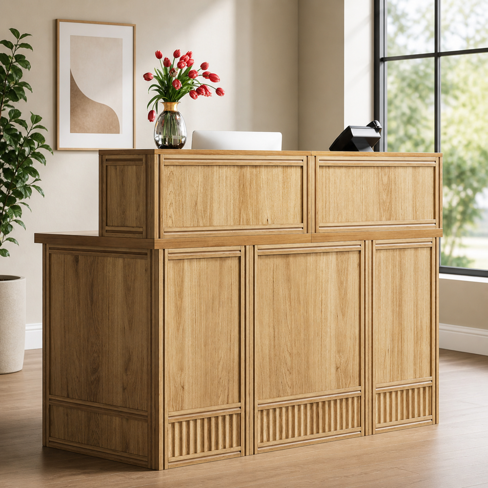 Teak wood reception desk for office lobby