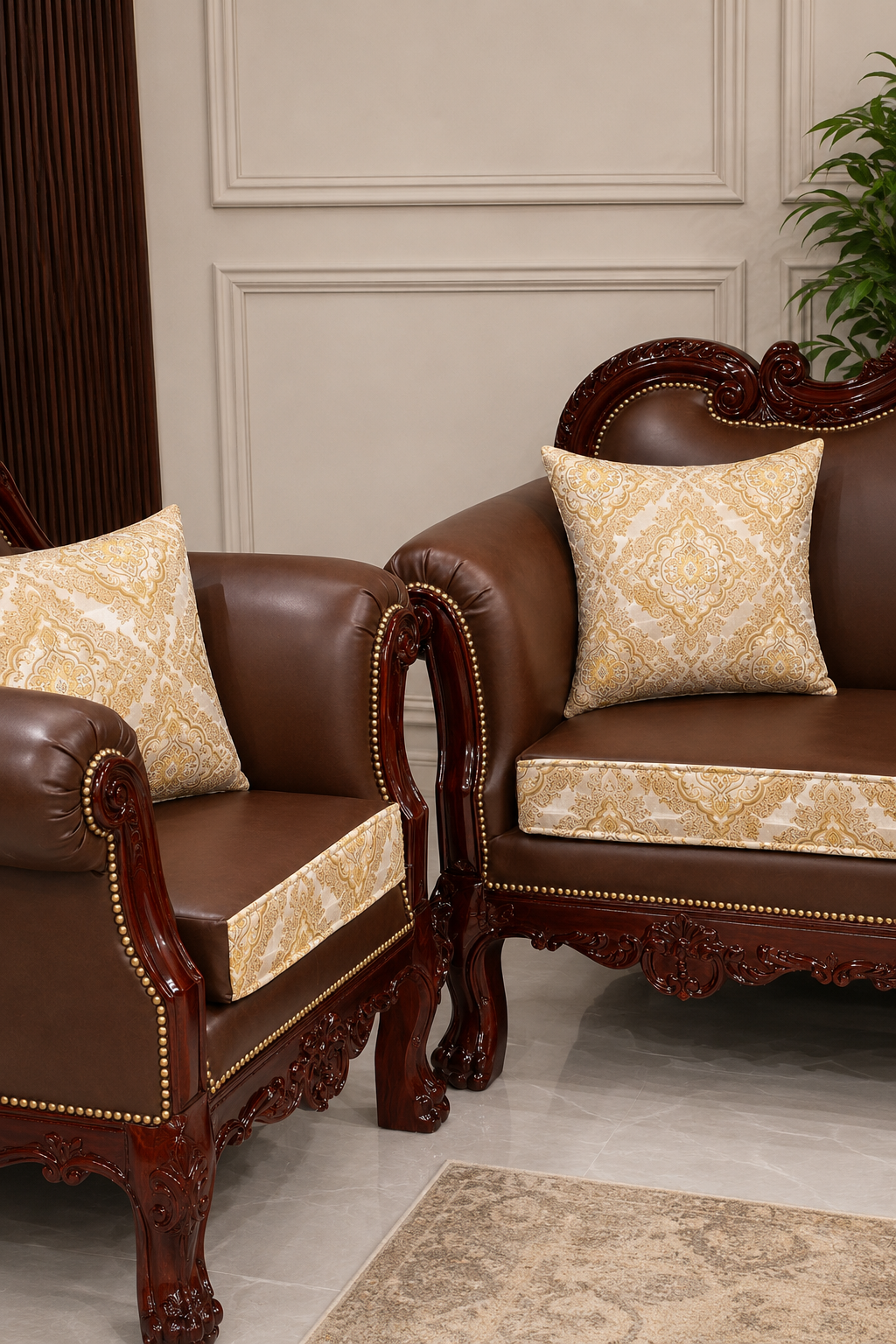 Handcrafted wooden sofa set with royal carving