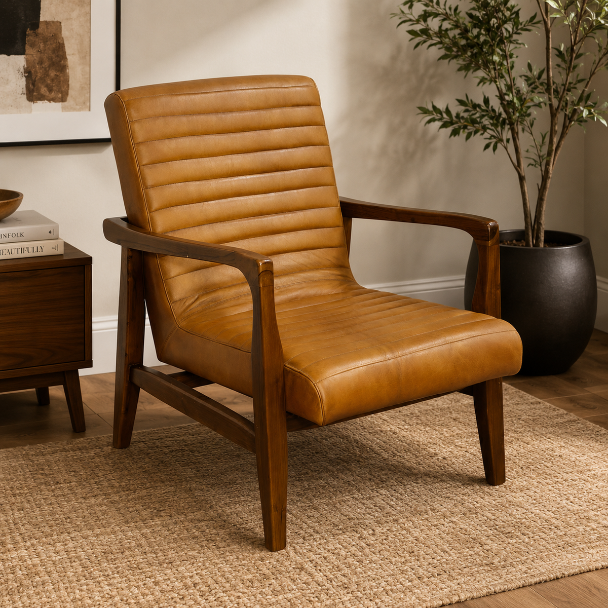 Premium teak wood lounge chair with tan leather upholstery and wooden armrests