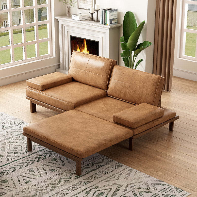 Minimalist tan brown upholstered teak wood sofa