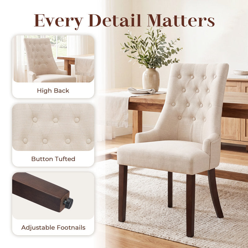 Teak wood dining chair with tufted fabric back and armrests