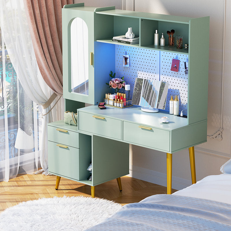 Modern vanity table with arched mirror and shelves