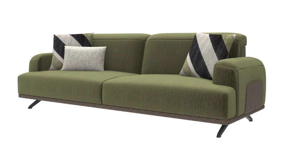 Modern 3 seater olive green sofa in premium velvet and teak wood