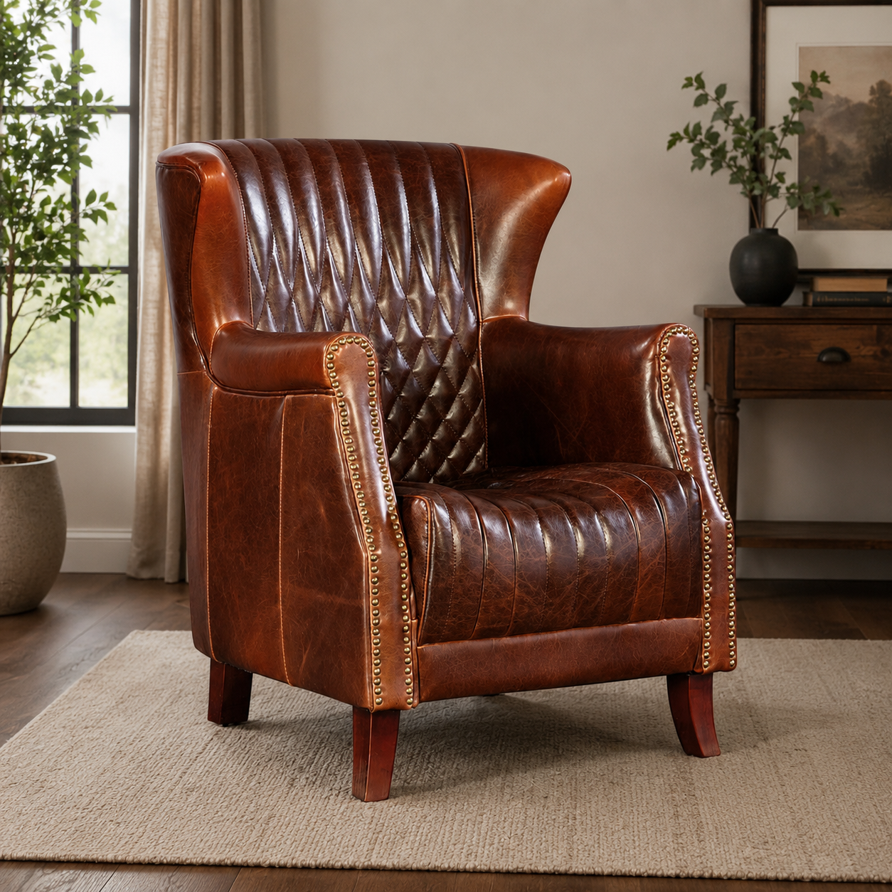 Luxury solid teak wood reading chair with genuine leather upholstery