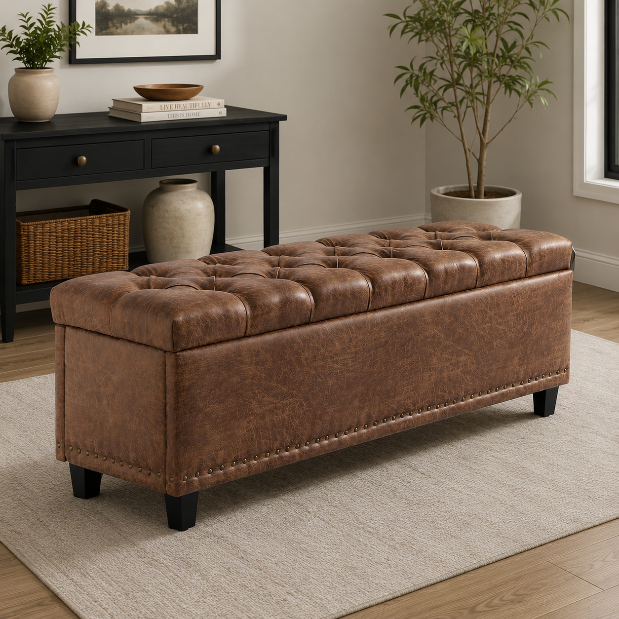 Premium teak wood storage ottoman bench with tufted brown upholstery