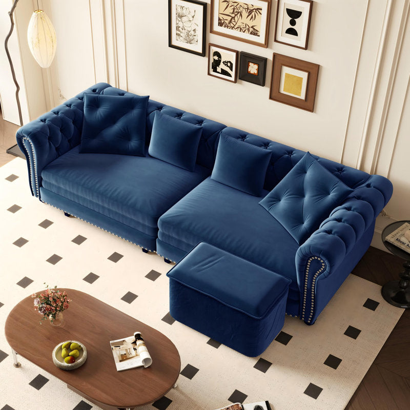 Luxury tufted blue velvet sofa for modern living room