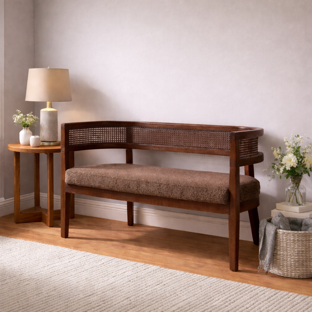Luxury Teak Wood 2 Seater Sofa Chair with Boucle Fabric Upholstery & Cane Back | Designer Wooden Sofa