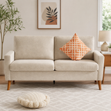 Luxury teak wood 2 seater sofa with beige fabric upholstery
