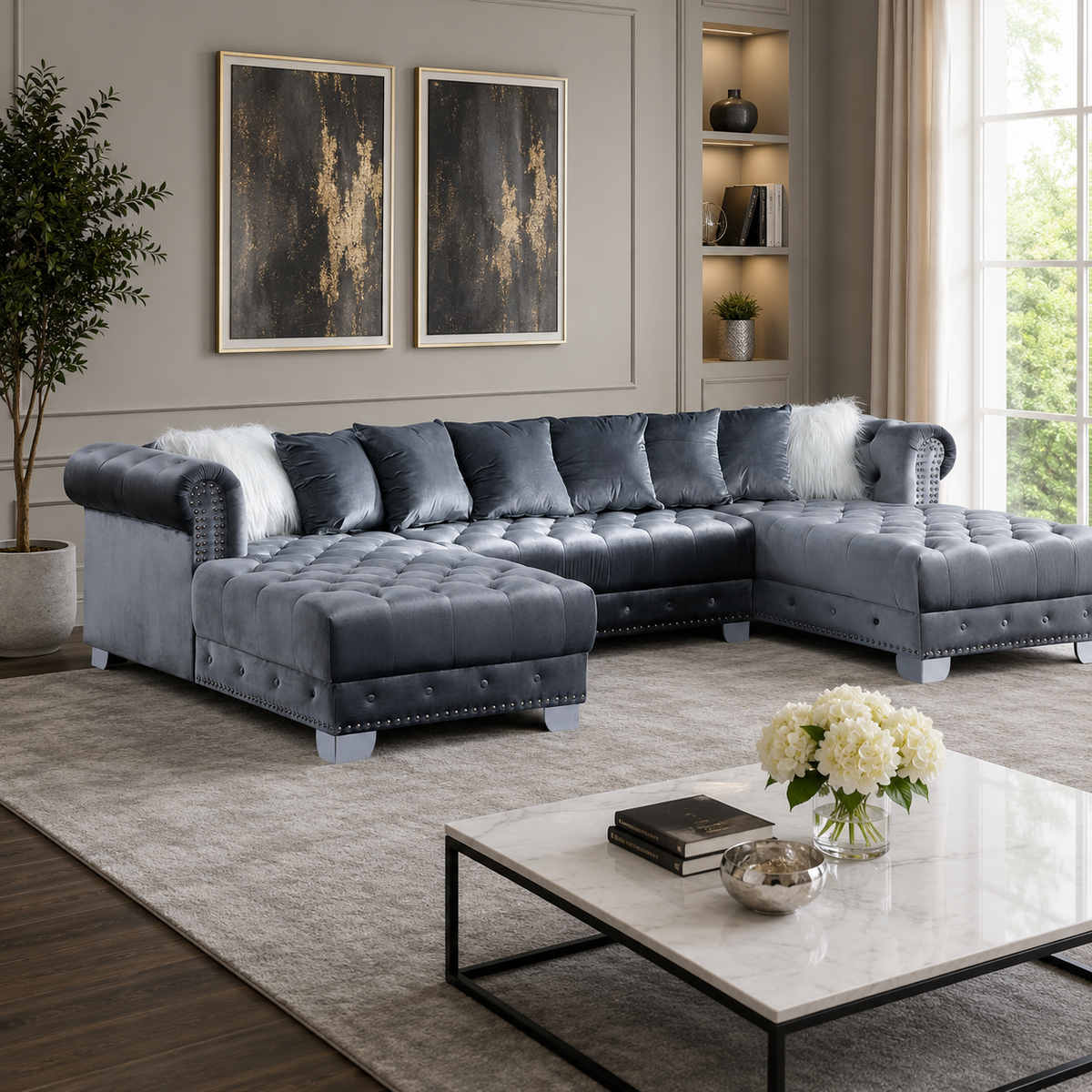 Luxury grey velvet U shape Chesterfield sofa with teak wood frame