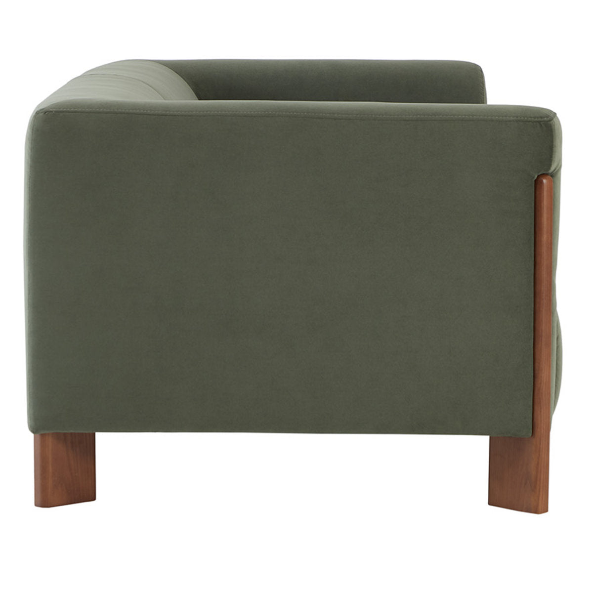 Minimalist olive green living room sofa with premium cushions and teak wood frame details