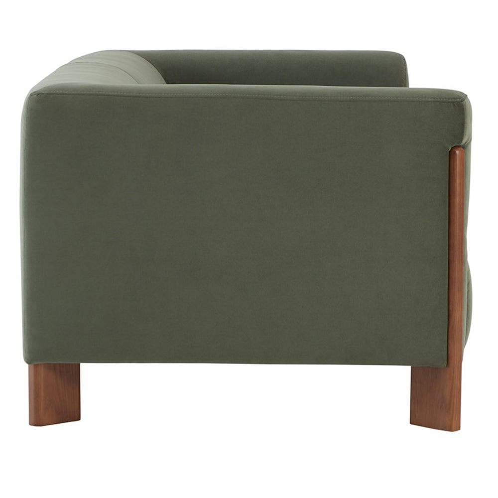 Minimalist olive green living room sofa with premium cushions and teak wood frame details