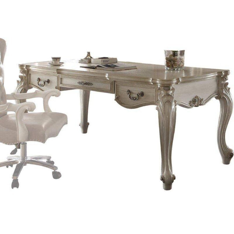 Handcrafted teak wood study desk with antique white finish