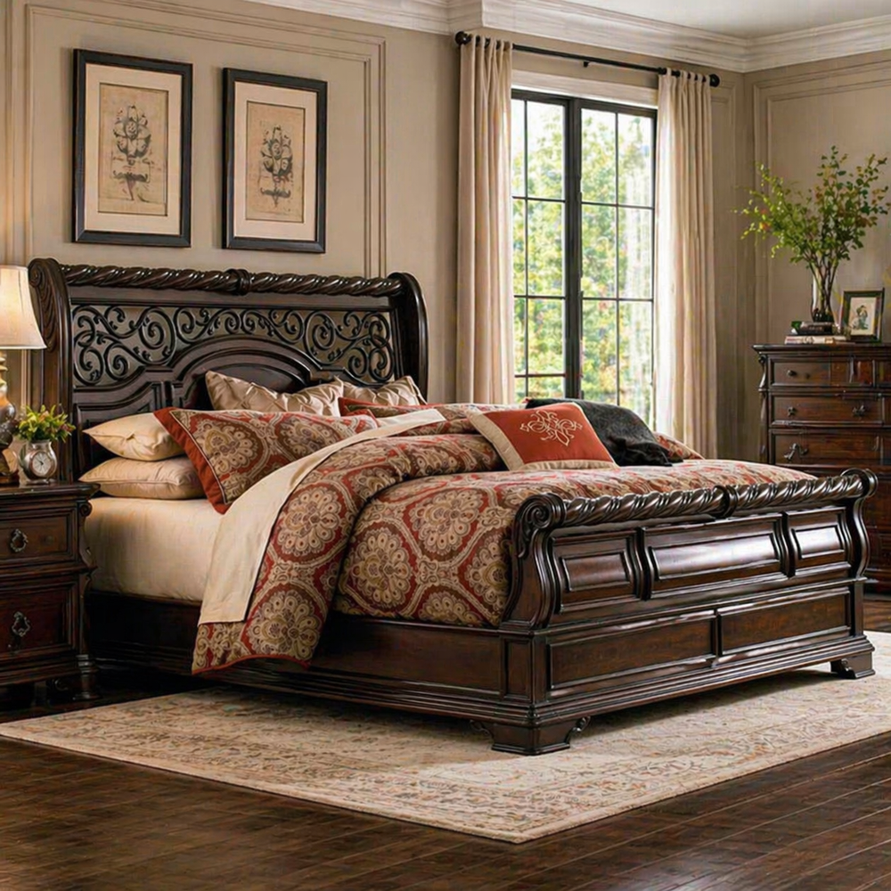Solid wood sleigh bed with carved headboard design