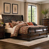 Solid wood sleigh bed with carved headboard design