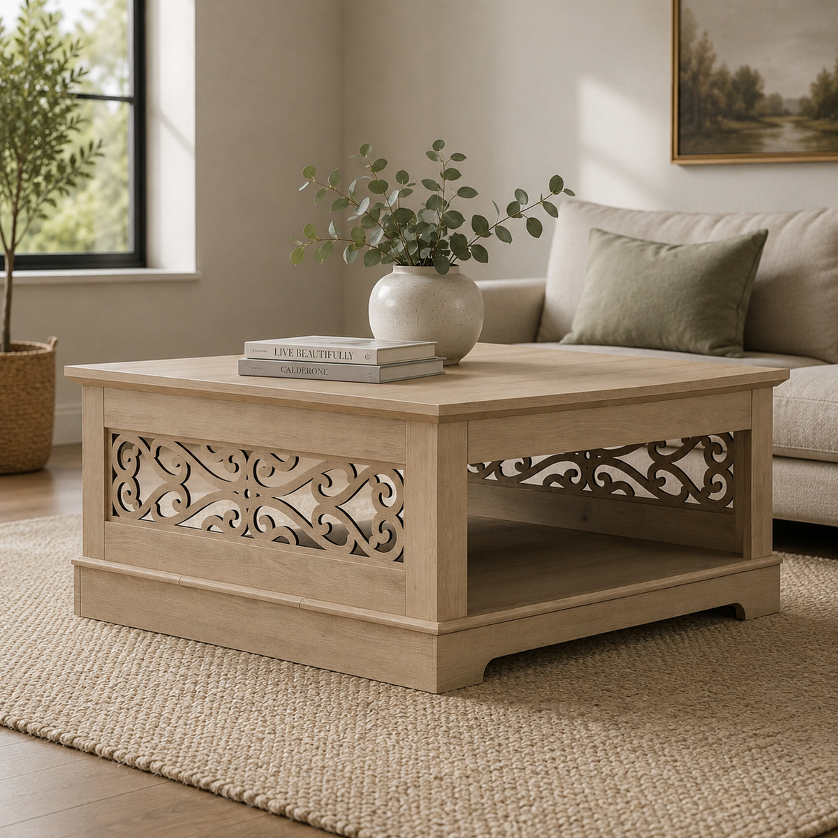 Teak wood designer coffee table with decorative CNC side panels