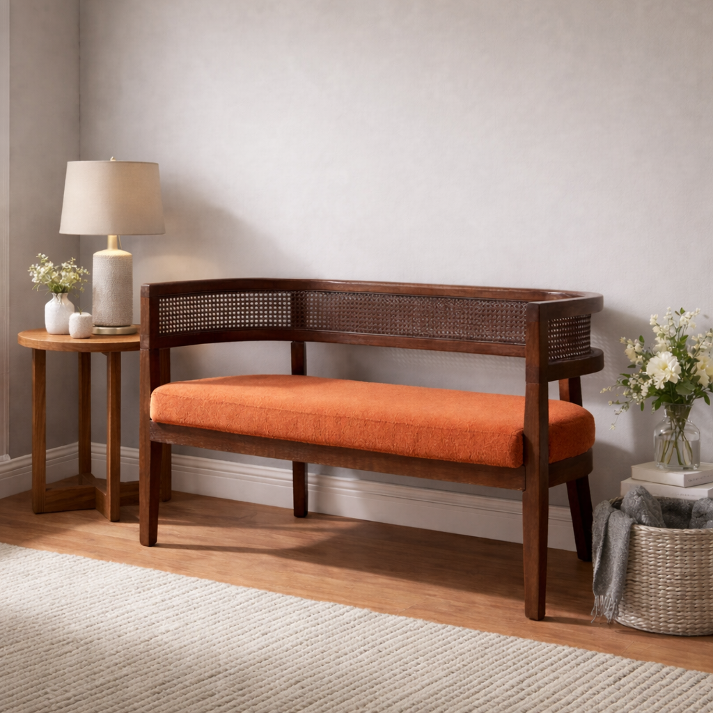 Luxury Teak Wood 2 Seater Sofa Chair with Boucle Fabric Upholstery & Cane Back | Designer Wooden Sofa